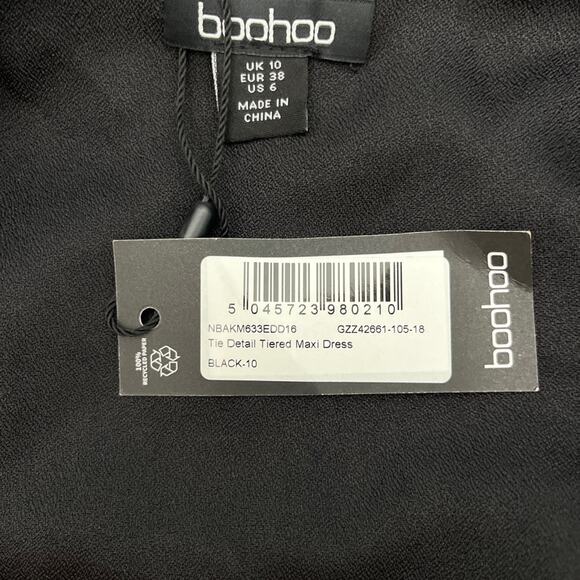Boohoo Black Ruffle Tier Tie Shoulder Maxi Dress Women’s Size 6 NWT - Picture 6 of 9
